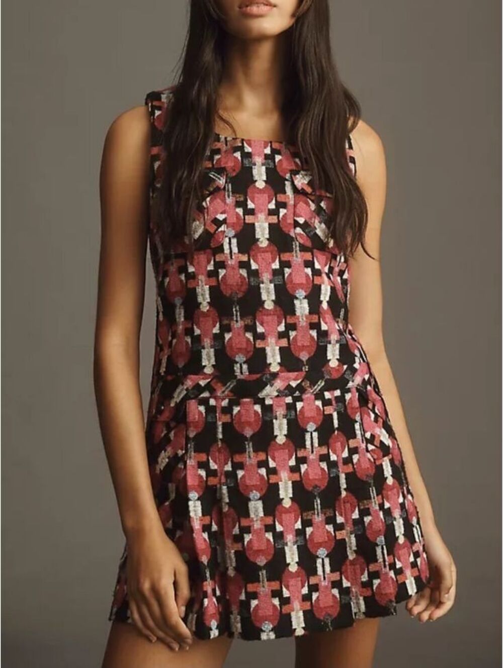 Anna Sui Pink Black Textured Sleeveless Dress Size 10 Tweed A-Line Pinafore